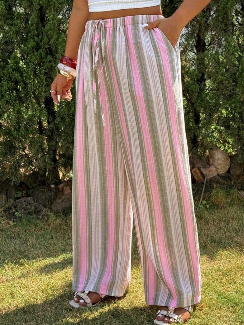 Wide Leg Striped Lounge Pants - Pink & Olive